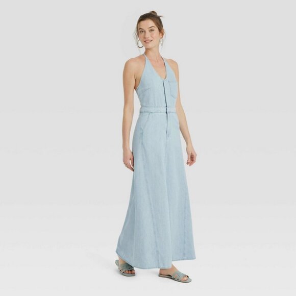 Women's Halter Neck Denim Maxi Dress - Universal Thread™ Blue 00 - Picture 1 of 3